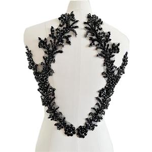 Handmade Rhinestones lace Trim Patches handsewing Beads Applique for Dress DIY Accessories (Black)