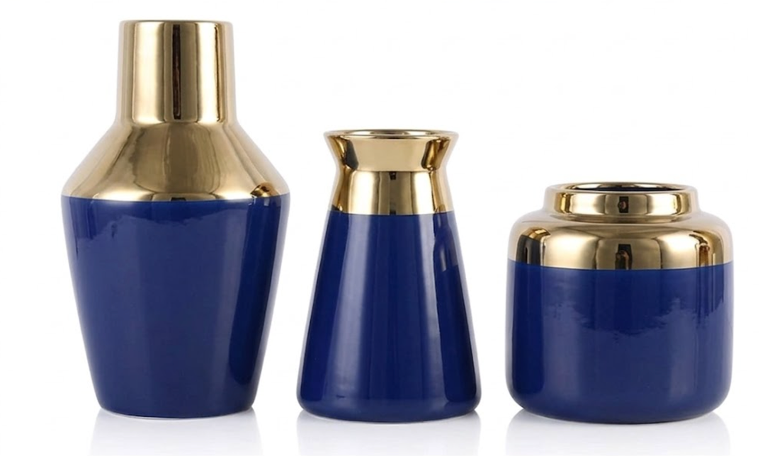 3 Piece Wide Mouth Vase Set for Table Centerpiece, Ceramic Blue Gold Flower Vase for Pampas Grass Decor, Glossy Gold Unique Vases for Bathroom Fireplace Top Shelf Entryway Decorative