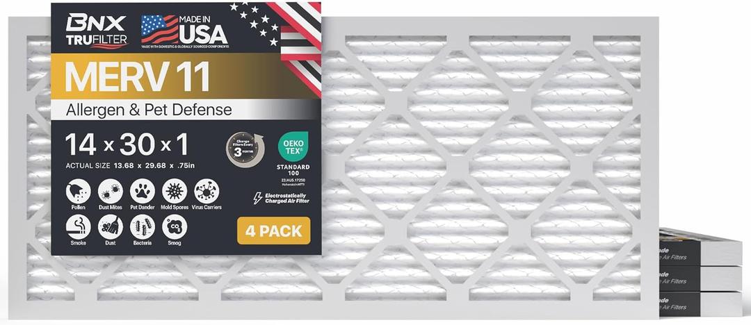 BNX TruFilter 14x30x1 Air Filter MERV 11 (4-Pack) - MADE IN USA - Allergen Defense Electrostatic Pleated Air Conditioner HVAC AC Furnace Filters for Allergies, Dust, Pet, Smoke, Allergy MPR 1200 FPR 7