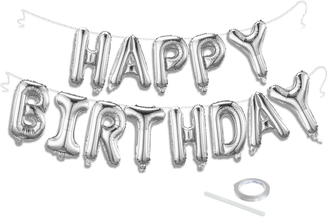 Silver Happy Birthday Balloon Banner Set -16 Inch Foil Letters Balloons, Reusable Birthday Decorations and Party Supplies, Suitable for Men and Women's Birthday DecorationsParty Backdrop