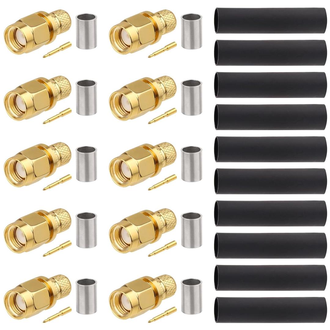 10-Pack SMA Male Crimp Connector Kit for RG8X, LMR240, KMR240, 4D-FB, CNT240, RG8 Mini Coax Cable – SMA Male RF Connector for Antennas, Signal Boosters, Wireless Communications, and GPS Systems