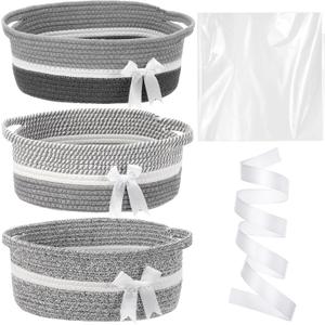 Colingmill 3 Pack Valentine's Day Small Bow Woven Basket Empty with Handles Gift Bags and Ribbon 12" x 8" x 5" Gift Baskets to Fill Storage Box Pet Toy Wedding Presents Birthday(Gray)
