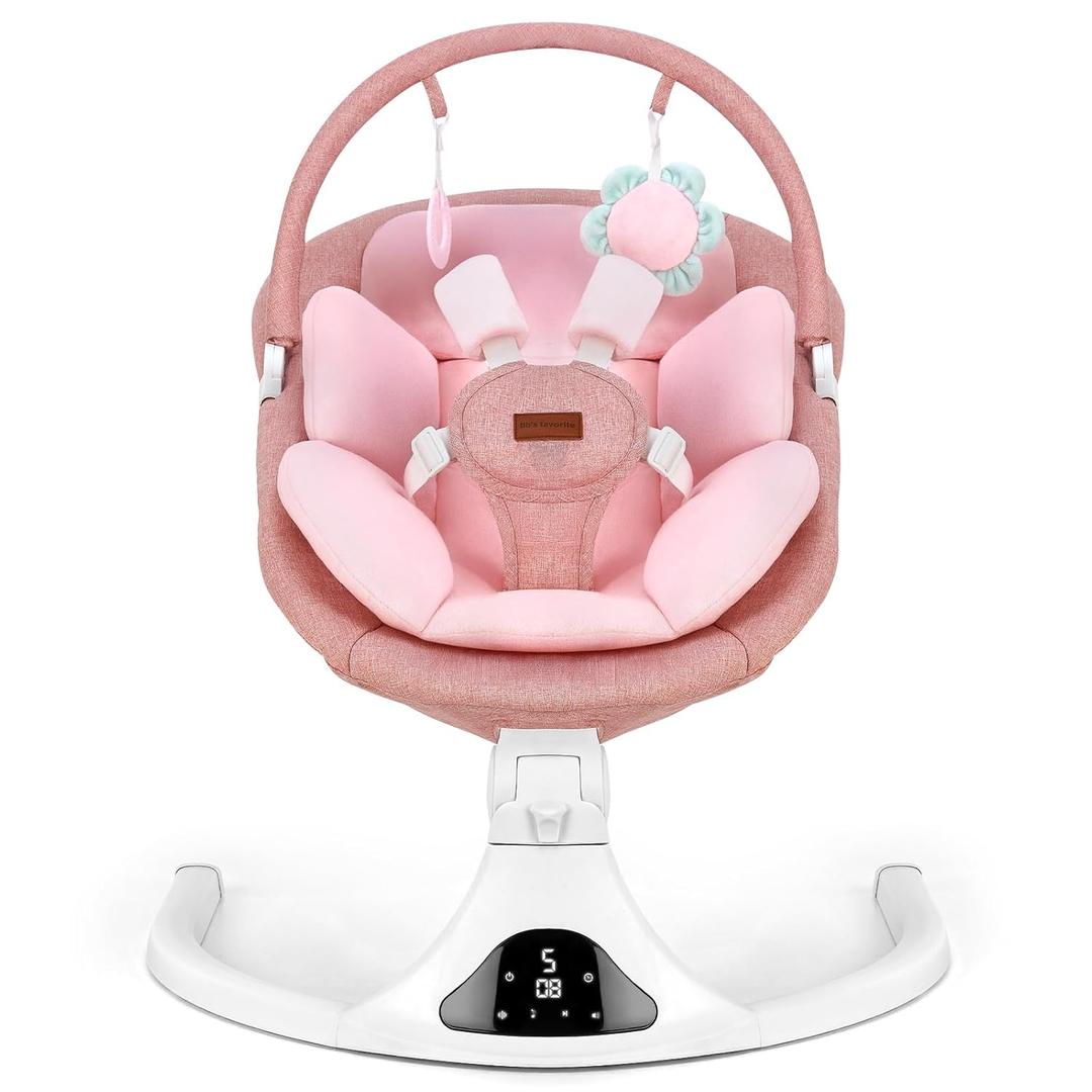 Baby Swing, Infant Swing with Remote Control, 5 Speed Adjustable, Machine Washable Seat Pad, 5 Point Safety Harness, Bluetooth Music, Electric Swing for Babies, Indoor Outdoor Use (Pink)