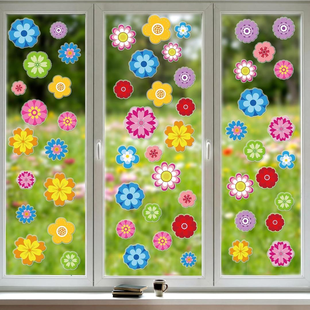 Cholemy 55 Pcs Spring Window Gel Clings Flowers Thick Gel Clings Colorful Floral Window Stickers Removable Reusable Spring Daisy Window Decal for Home Glass Classroom Home Spring Party Decor