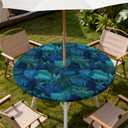 Round Outdoor Tablecloth with Zipper and Umbrella Hole, Fitted Table Cloth with Elastic, Oil Waterproof Tablecover for Patio Picnic Camping Garden Fits 32"-36" Round Table, Palm Tree