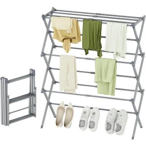 Foldable Drying Rack Clothing, 3-Tier Portable Clothes Drying Racks for Indoor & Outdoor, Anti-Rust Compact Laundry Rack Collapsible, Grey 28" D x 10" W x 35" H (Gray)