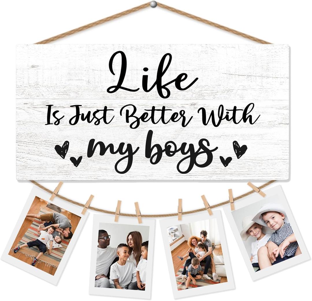 Life is Just Better with My Boys Picture Frame Photo Holder for Wall, New Mom Gifts, Boy Mama Gifts, Christmas Birthday Gift for Mother, Mom of Boys Hanging Photo Display