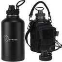 64 Oz Water Bottle with Sleeve - Half Gallon Big Insulated Water Jug with Strap Stainless Steel Gym Water Bottles for Men Sports Workout Hiking & Travel (Black)