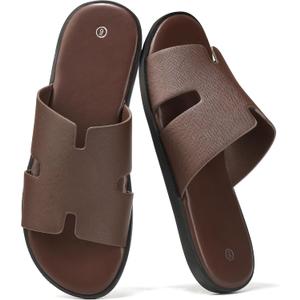 Summer Men Sandals for Leather, Comfortable Flats with Memory Foam Insole, Rubber Outsole Non-Slip Casual Fashion Slides (10, Coffee)