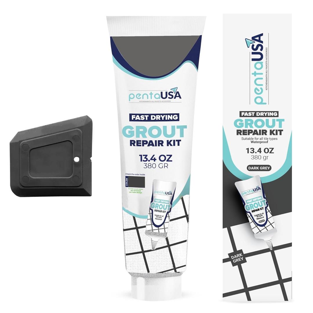 PentaUSA Tile Grout - Large Grout Filler Repairs Renews Tube, Fast Drying Grout Repair Kit, Odorless Formula - Grout Floater Included - 13.4oz / 380gr (Dark Grey)
