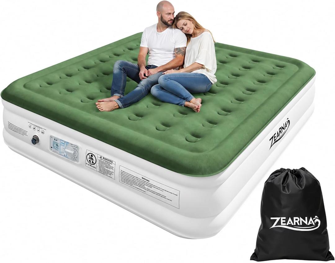 Zearna King Size Air Mattress with Built in Pump, 18" Raised Comfort Air Bed, Upgraded Flocked Top Blow up Mattress with Carrying Bag, Inflatable Mattress for Guests & Home, AirBed, 750 lbs Max