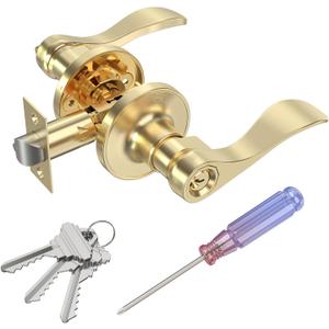 Stain Brass Keyed Entry Door Handle, Wave Style Door Lever Lock with 3 Keys & Screwdriver, Interior Exterior Entrance Reversible Door Handles, 1 Pack