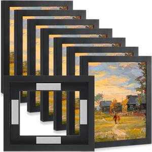Qunclay 4 Pcs 8 x 10 Inch Canvas Floating Frame Black Floater Frames for Canvas Painting Wood Vertical and Horizontal Wall Hanging Frame with Adhesive Strips for Prints Oil Painting Diamond Decor