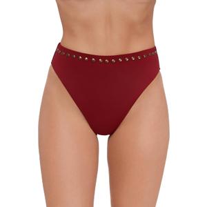 Steve Madden Women's High Leg High Waist Bikini Bottom with Studs (Red, S)