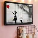 Black Framed Street Graffiti Canvas Wall Art Girl With Red Heart Balloon Painting Picture Wall Decor Modern Pop Art Poster Print Artwork for Bedroom Living Gallery Home Decoration 16inx24in