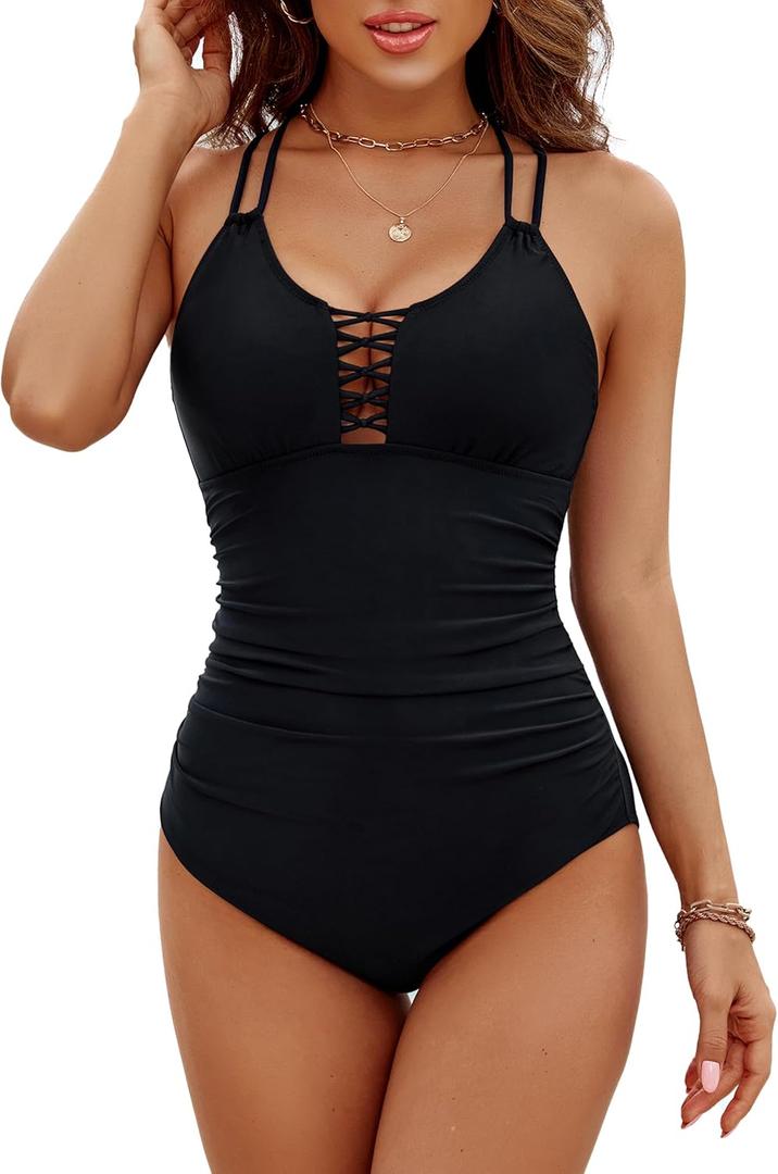 BMJL Women's Tummy Control Swimsuit Lace Up One Piece Bathing Suits Slimming V Neck Swimwear (Large, Black50)