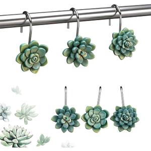 Amyhill 12 Pcs Succulents Plants Decorative Shower Curtain Hooks Mini Succulents Green Shower Curtain Rings Hanger Stainless Steel Resin Plant Theme Hooks for Home Bathroom Decor