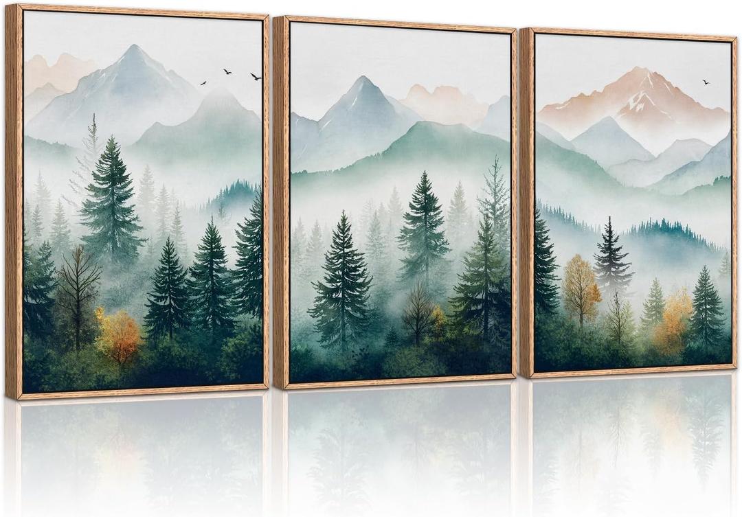 HLNIUC Misty Forest Wall Art Canvas,Landscape Mountains Wall Art,Modern Foggy Pine Artwork,Boho Nature Artwork Watercolor,Pine Tree Painting,Mist Wilderness Prints for Living Room Bedroom 16x24x3