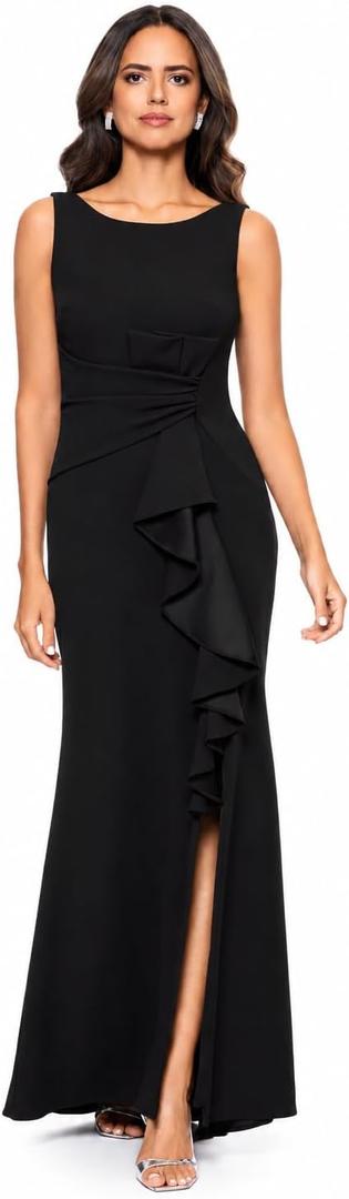 Betsy & Adam Women's Long Bodycon Sleeveless Boat Neck Evening Gown with Side Slit Ruffle, 10 Petite