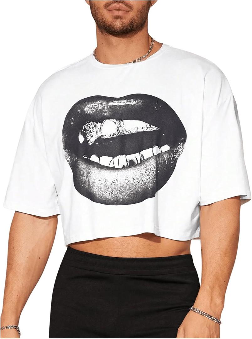 RoseSeek Men's Graphic Tees Short Sleeve Crew Neck Drop Shoulder Cropped T Shirt Summer Funny Tee Shirts (White, XL)