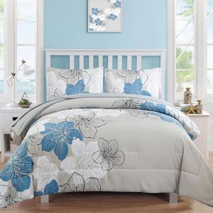 Luxudecor Blue Comforter Set King Size, 7 Pieces Bed in a Bag Blue Floral Comforter and Sheet Set, Soft Microfiber Grey Complete Bedding Sets for All Seasons