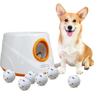 Automatic Ball Launcher for Dogs with 6pcs 2.3 Inch Etpu Tennis Balls,Thrower Distance 20-45ft,interacive Dog Toys for Indoor/Outdoor for Small Or Medium Dogs (White) (Orange)