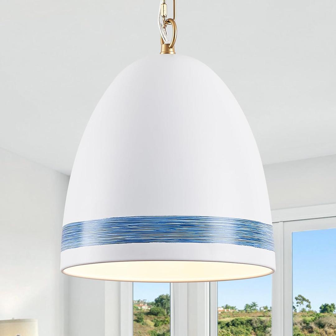 Coastal White Pendant Light Metal Dome Kitchen Island Pendant Lighting with Chain 10in Large Pendant Hanging Light Over Dining Table, Beach Ceiling Pendant Lights for Entryway Hallway (White Gold Rope)