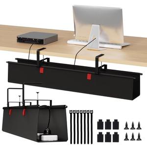 Under Desk Cable Management Tray - 36" Cord Organizer for Desk No Drill, Fabric Under Table Wire Organizer with 16X Cable Ties Hide for Office/Home, Cord Hider Fits Adapters & Sockets, Black