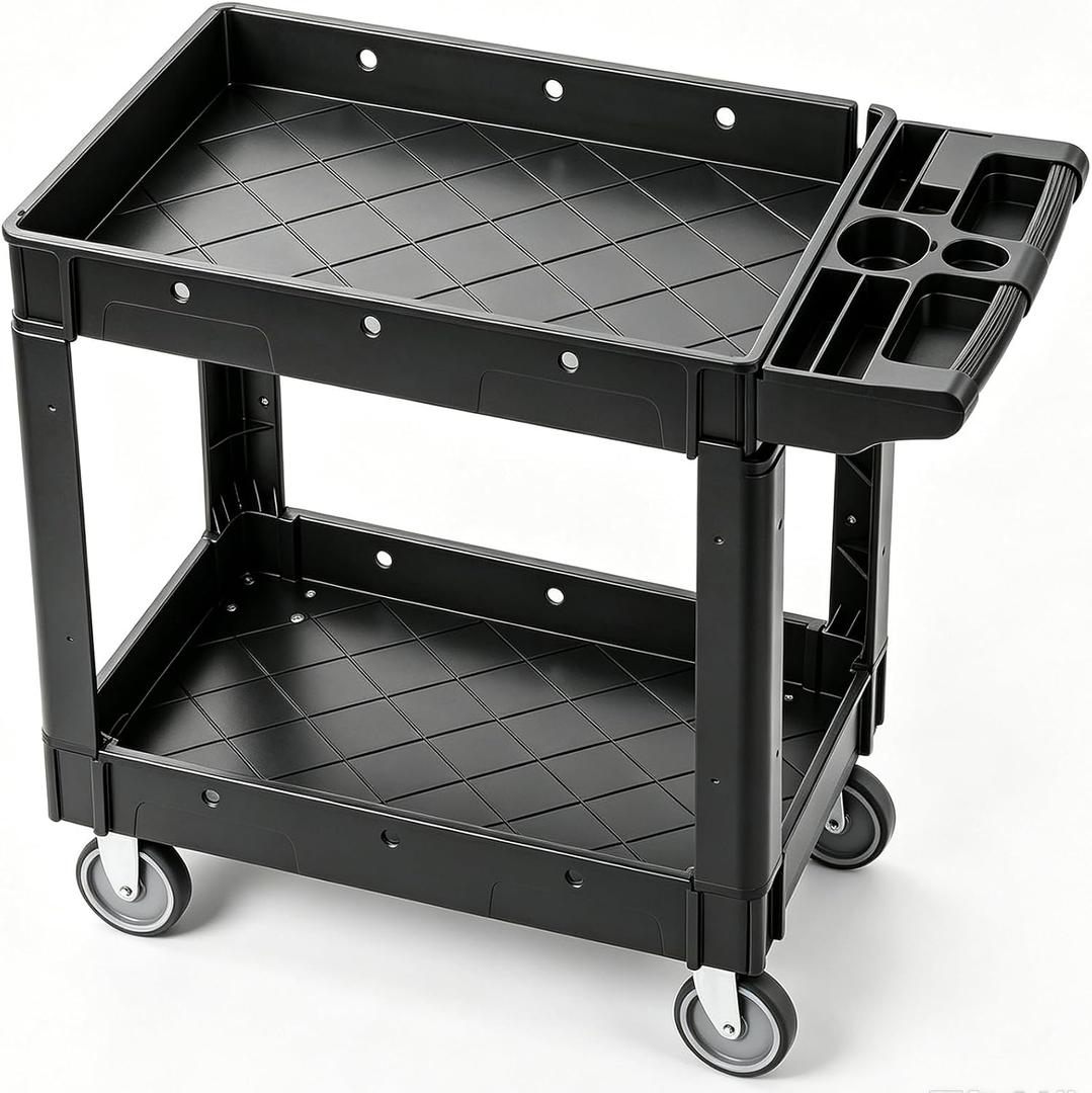 VEVOR Utility Service Cart, 2 Shelf 550LBS Heavy Duty Plastic Rolling Utility Cart, Medium Lipped Shelf, 360° Swivel Wheels, Ergonomic Storage Handle for Warehouse Garage, Black