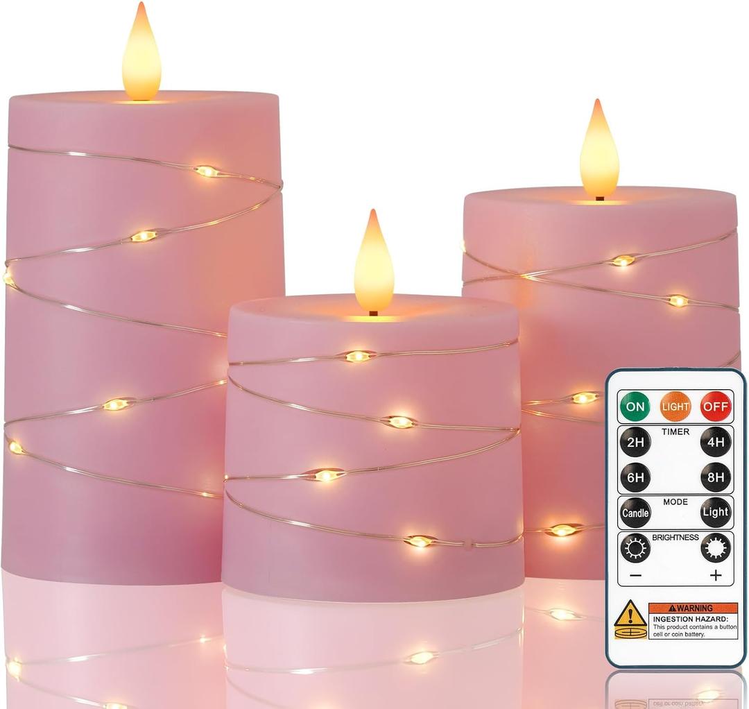 Raycare Easter Pink Flameless Candles with Remote Timer, Flickering Battery Operated LED Pillar Fake Candle with String Lights for Home Decor, Christmas, Wedding and Gift, Set of 3