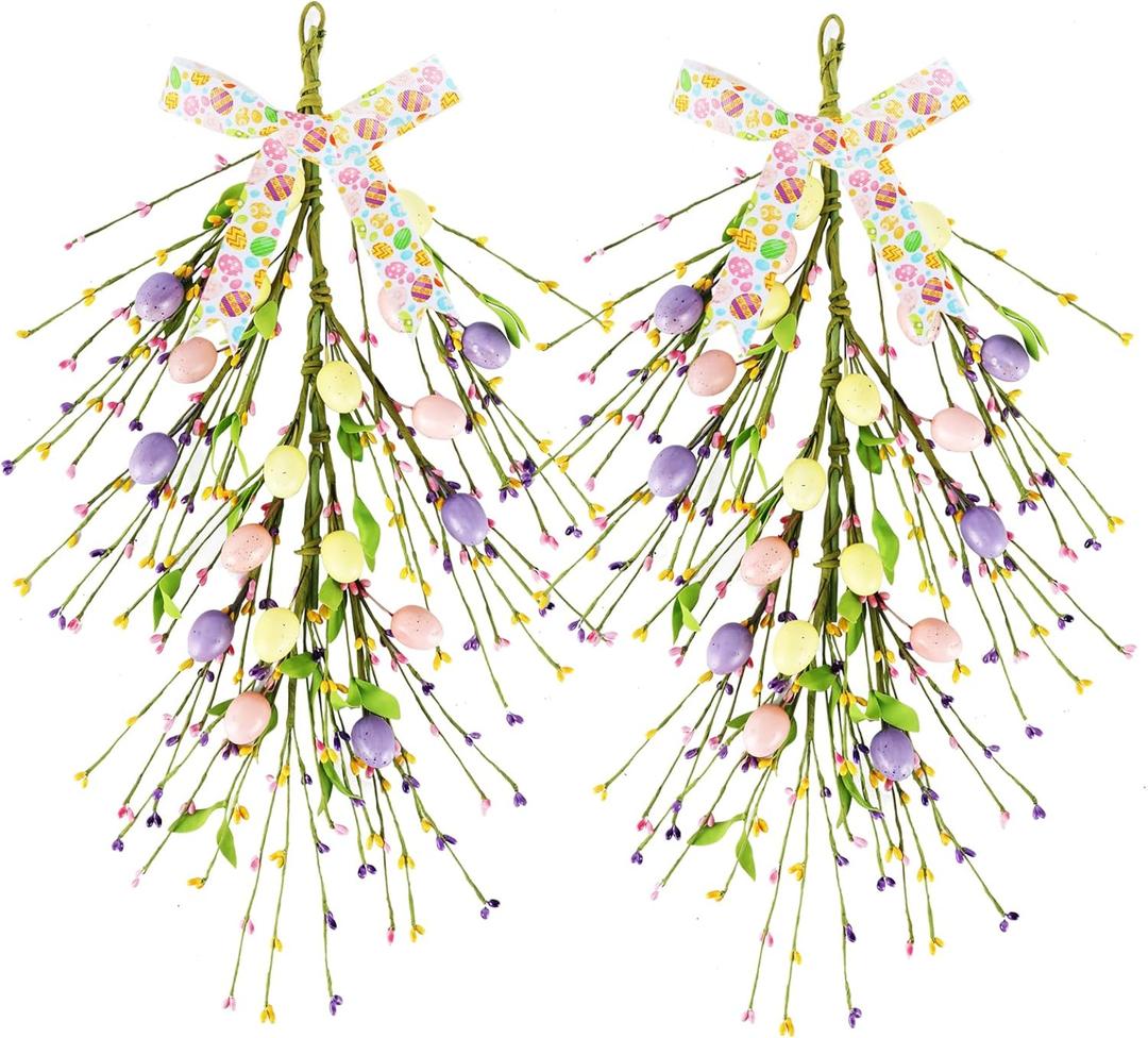 2 Pack 20 Easter Egg Wreaths for Front Door Easter Eggs Teardrop Swag Artificial Spring Hanger with Ribbon Farmhouse Hanging Decor for Home Outdoor Window Wall