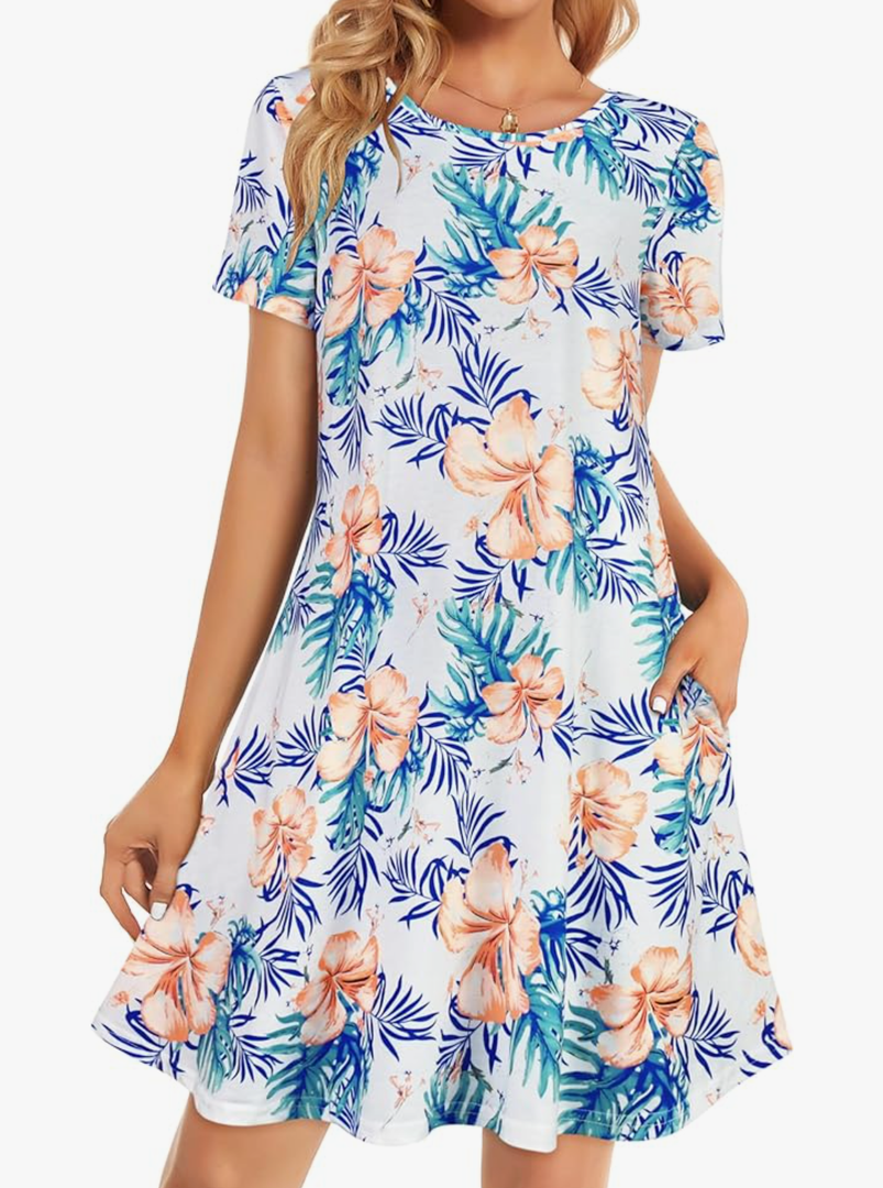 Womens Summer Dresses Beach Casual Loose Tshirt Floral Short Sleeve Flowy Pockets Sundresses 2XL