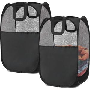 2 pop-up Laundry Hamper, Foldable mesh Laundry Baskets (Each with 2 Reinforced Handles), Black