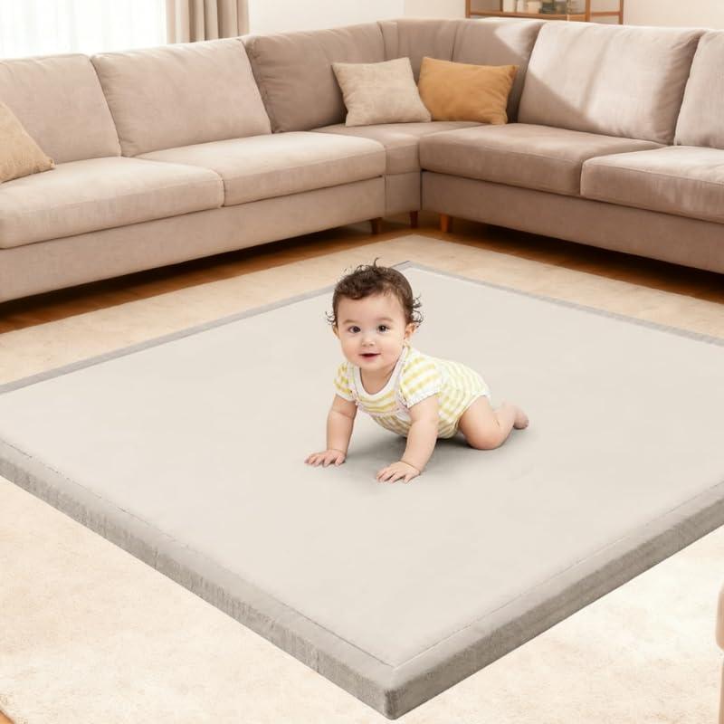 Ultra Soft Baby Play Mat for Floor, 59"71" Playpen Mat, 1.3" Thick Memory Foam, Non-Slip Tummy Time Mat for Infants, Toddlers, and Kids Water-Repellent Coral Velvet, Easy Care