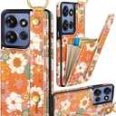 Petitian for Moto G Stylus 5G 2024 Case with Wallet - Women Girls Cute Girly Aesthetic Unique Design Leather Credit Card Holder Cardholder Stand Wristband for Motorola G Stylus 5G 2024, Orange Floral