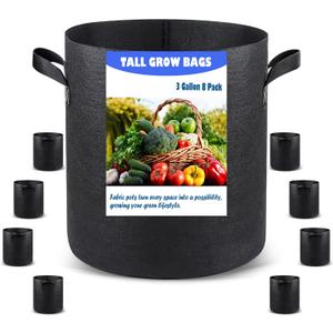 3 US Gallon 8 Pack Tall Grow Bags for Vegetables, Heavy Duty Nonwoven Aeration Fabric Deep Grow Pots with Handles (Black)