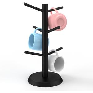 Black Coffee Mug Holder, Non-Slip Cup Tree With 6 Hooks for Counter, Rack (Black)