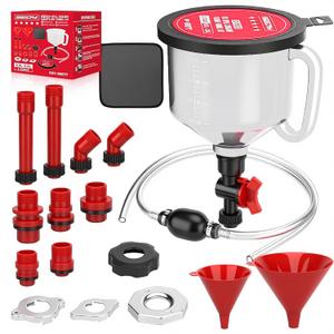 22-Piece No-Spill Coolant Filling Funnel Kit and Siphon Hose Pump, Radiator Coolant Filling Spill-Proof Funnel Kit with Adapters, Extensions, PVC Hose, Engine Oil Funnels, Towel for Universal Vehicle