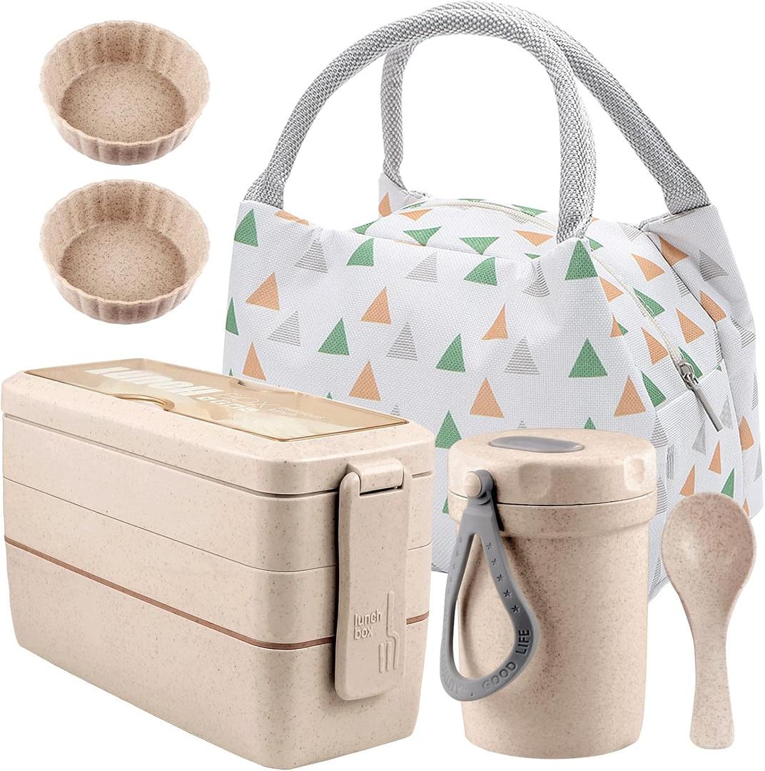 Iteryn Stackable Bento Box with Lunch Bag, 3 Compartment Japanese Lunch Containers, Wheat Straw, All-in-1 Bento Lunch Box Kit for Adult Meal Prep Lunch Snack (Beige)