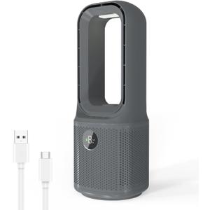 Desk Fan Bladeless, 14 Inch USB Rechargeable Tower Fan with 9 Speed Adjustable, 3 Light, 60 Oscillating, 9H Timer, 5000mAh Battery Cooling Small Table Fan for Bedroom, Office, Nightstand, Grey