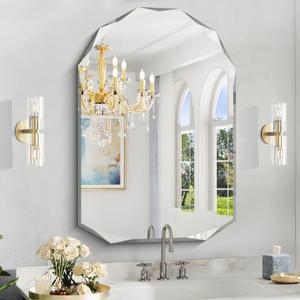 26"x38" Frameless Mirror, Arched Shape with Diamond-Shaped Beveled Edge,Unframed Decorative with Upgraded Shatterproof Glass,Unique Frameless Mirror for Bathroom,Living Room,Bedroom