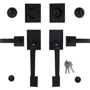 Double Door Handle Set, Matte Black Double Front Door Handle Sets with Dummy, Modern Heavy Duty Square Door Lever and Single Cylinder Deadbolt Combo for Exterior and Interior Doors, MB-DL-1
