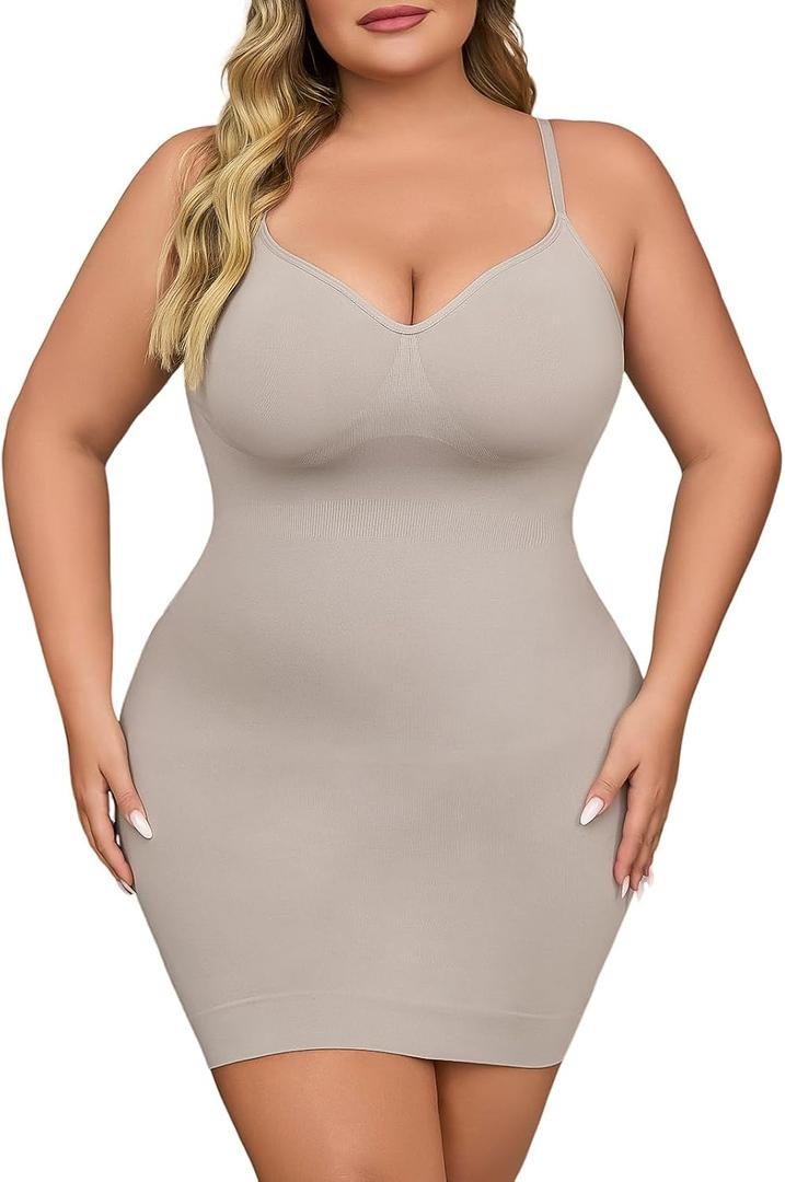 Shapewear Slip Dress for Women Under Dress Seamless Tummy Control Slip Dress Plus Size Smoothing Cami Dress Slips (Beige)