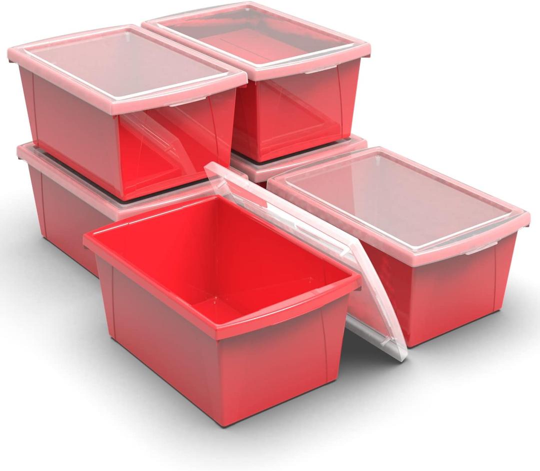 Storex 5.5 Gallon Storage Bin with Lid  Plastic Classroom Organizer for Books and Supplies, Red, 6-Pack (62745U06C)