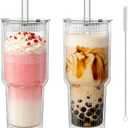 KEMORELA 28 oz Double Wall Glass Tumblers Set of 2, Extra-Wide 13mm Reusable Drinking Straws, Boba Tumbler, Wide-Mouth Water Cups for Iced Coffee, Smoothies, Boba & Tea Lovers (Ribbed)