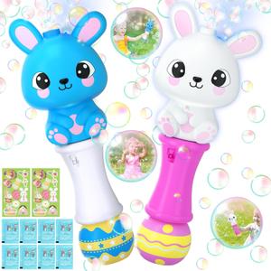 Easter Bunny Bubble Wand 2 Pack, Automatic Bubble Machine Gun for Kids, Light Up Bubble Guns with 4 Bottles Bubble Refill Solution, Easter Basket Stuffers for Toddler, Bubble Toys for Outdoor Activity