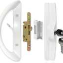 Patio Sliding Door Handle Set with Mortise Lock, Key Cylinder and Keeper, Replacement Handle Lock Set Fits Door Thickness from 1-1/2" to 1-3/4", 3-15/16" Screw Hole Spacing, Keyed, White