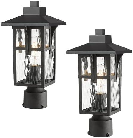 Outdoor Post Light 2 Pack, HWH Exterior Pillar Lights Industrial Pole Lamp Outdoor Column Lights Matte Black Finish with Water Ripple Glass, 5HX62P-2PK-SW BK