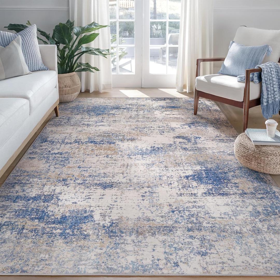 Washable Area Rug Living Room Rugs-5x7 Large Soft Non-Slip Carpet for Bedroom Dining Room Modern Abstract Neutral Low Pile Floor Rugs Stain Resistant Indoor Nursery Home Office,Blue Brown