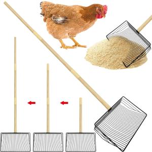 PINVNBY Stainless Steel Chicken Poop Scooper 3 in 1 Adjustable Wooden Handle Poop Scooper for Chicken(18.1" to 42.1")Multifunctional Chicken Coop Cleaning Tools Sifting Shovel Chicken Coop Accessories
